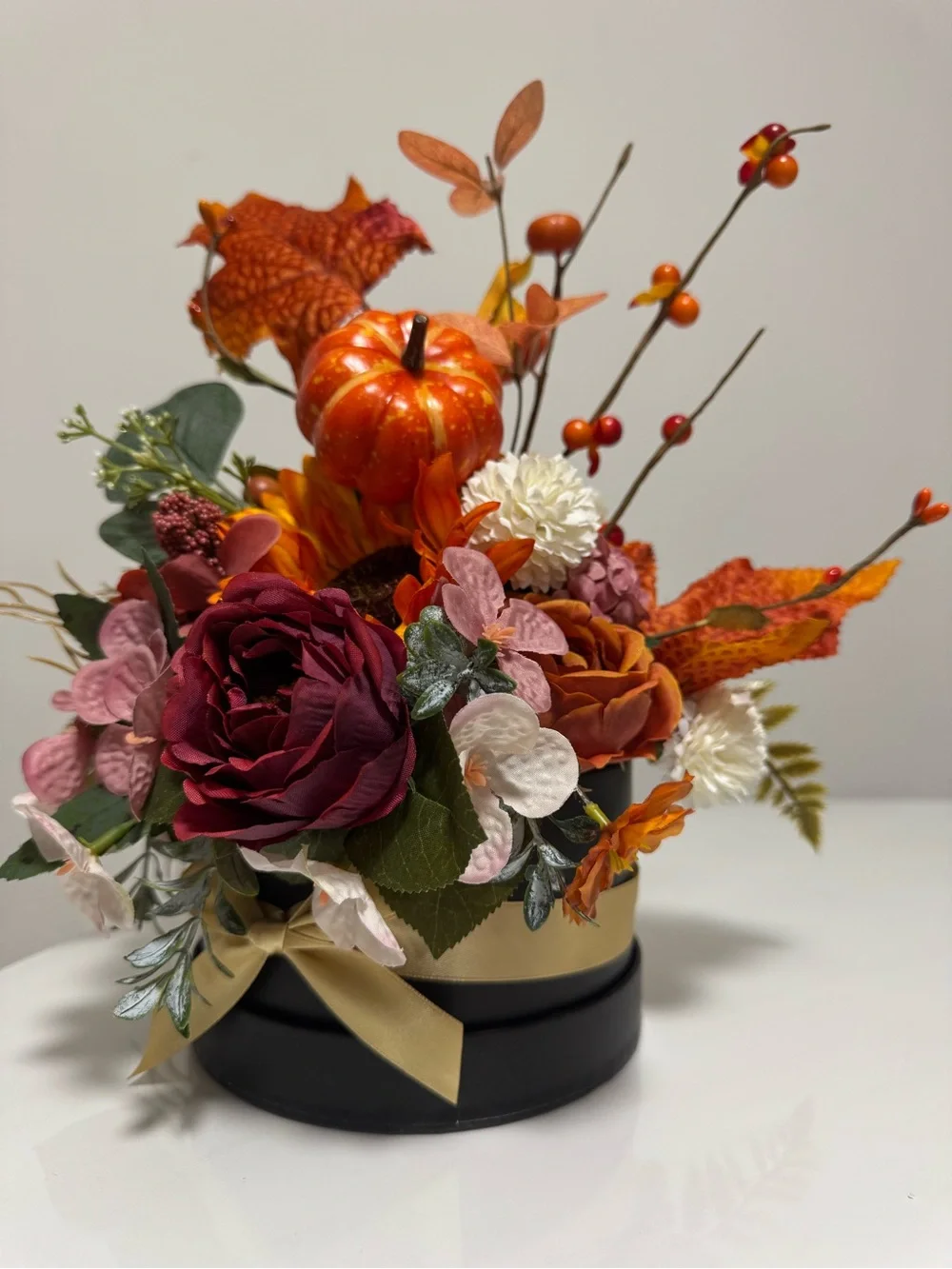 Handmade Fall Floral Arrangement with Pumpkin – Autumn Thanksgiving Centerpiece